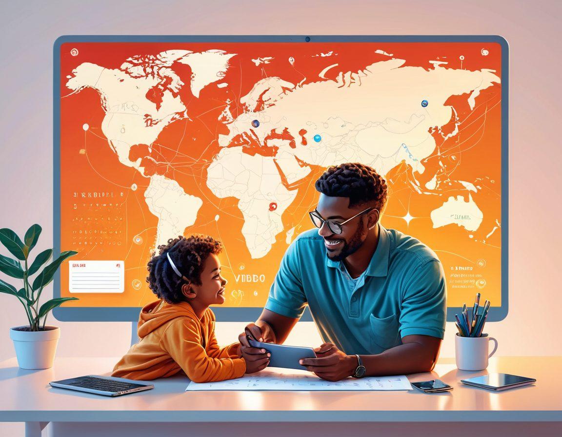 A heartfelt digital illustration of a father and child reconnecting over a video call, with various web tools and resources like calendars, chat messages, and social media icons subtly integrated around them. The background showcases a glowing world map signifying global connectivity, and the overall atmosphere is warm and encouraging. vector art. vibrant colors. white background.