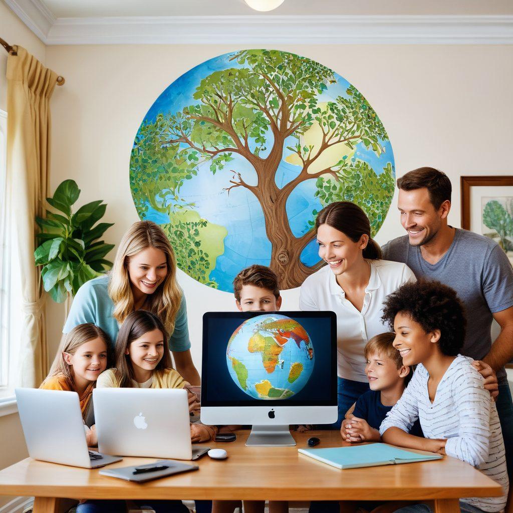 A warm, inviting living room with a family gathered around a computer, engaged and smiling, with a globe in the background symbolizing global connections and a family tree subtly integrated as part of the wallpaper. Detailed and heartwarming. super-realistic. vibrant colors. white background.