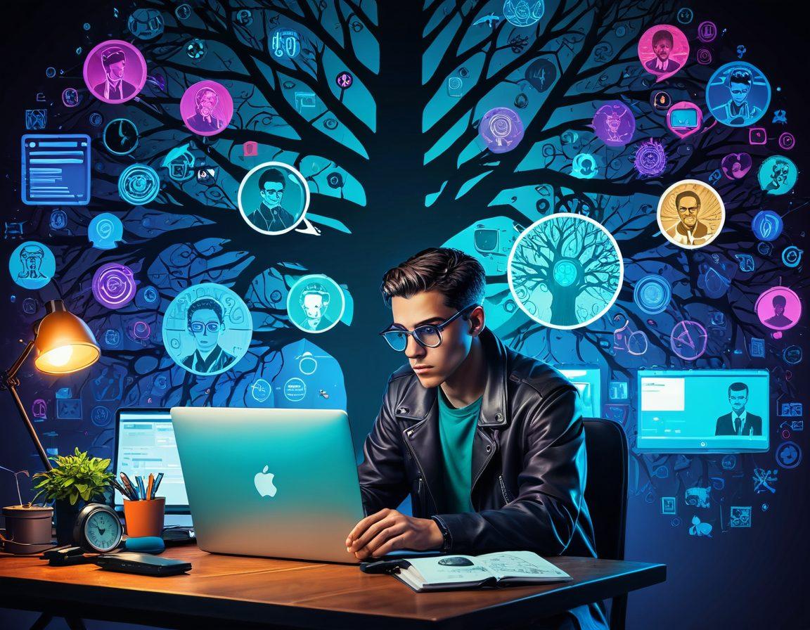 An individual intensely focused on a laptop with various online search tools and detective magnifying glasses floating around. In the background, a family tree with connecting lines, old photographs, location pins, and social media icons. The backdrop reflects hope and determination. vector art. vibrant colors. cyberpunk.